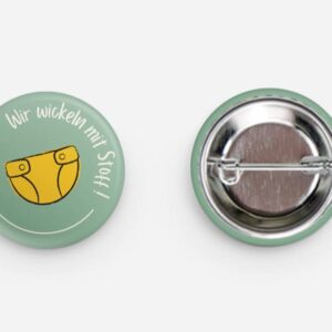 Button „Wir wickeln mit Stoff“ – Gelb (5er Pack)