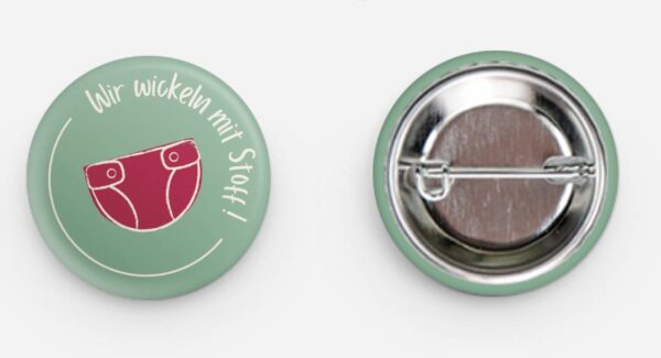 Button „Wir wickeln mit Stoff“ – Rot (5er Pack)